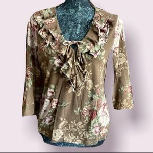 Vintage Lauren Ralph Lauren Classic Brown Floral Top with Ruffled Collar